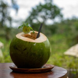 Green coconut with straw