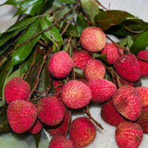 Lychee fruits in a bunch with green leaves