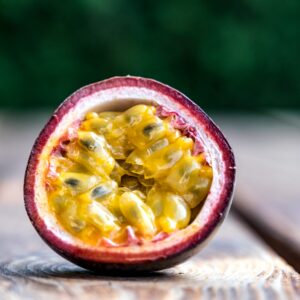 Middle of passion fruit cut in half